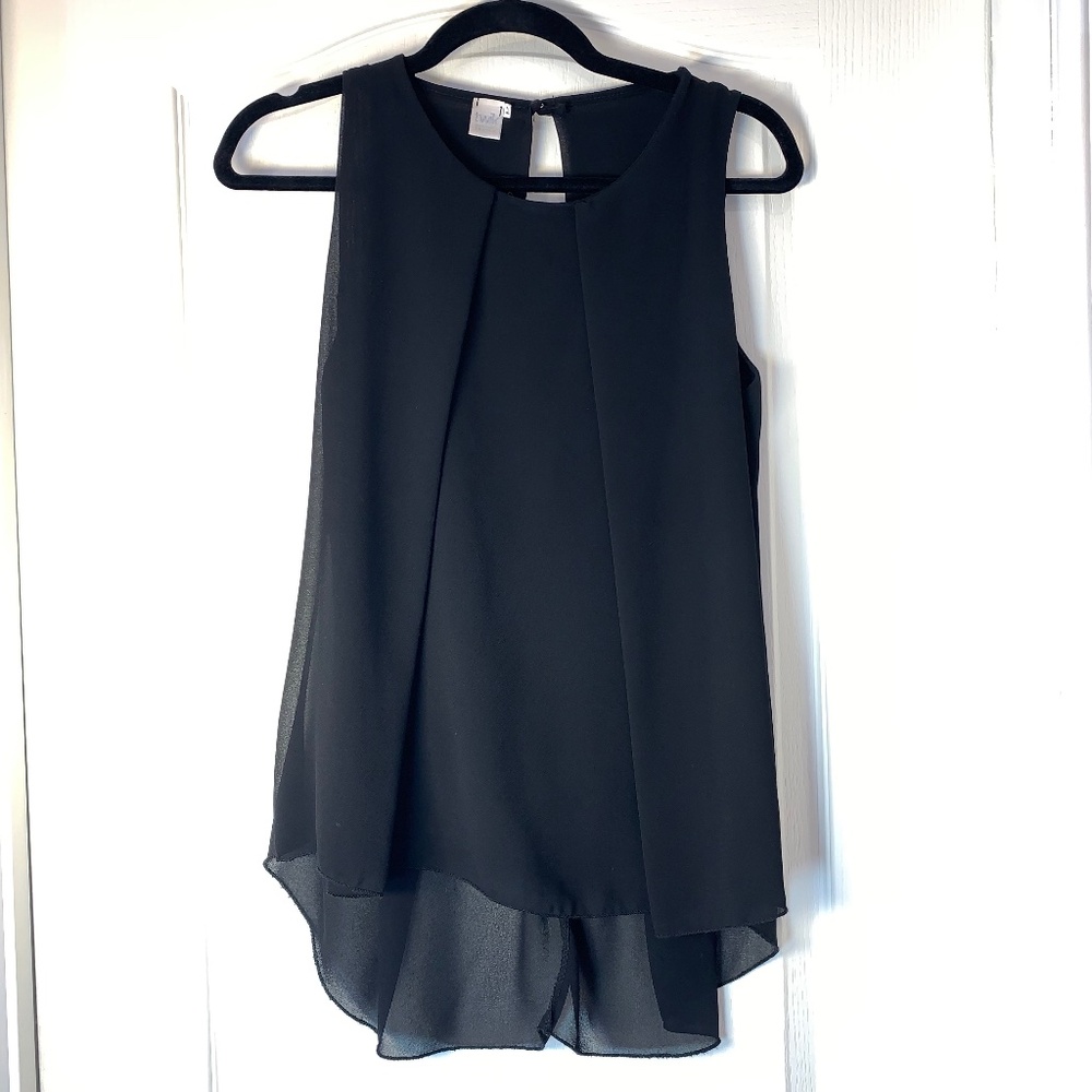 TWIK Black Sleeveless Flowy Blouse – Pleated Front, Layered Hem,‎ Size Medium